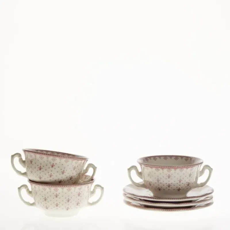 La Cartuja de Sevilla Set de 4 tazas de consomé con platillos colección Flor de Lis Rosa > Set Y Servicios|Boles Y Tazas De Consomé