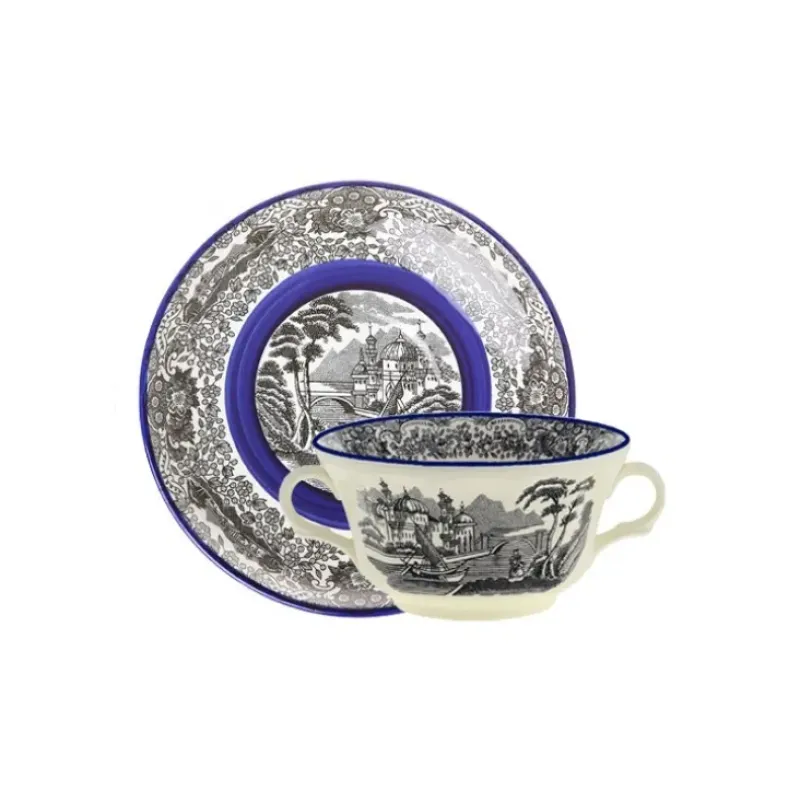 La Cartuja de Sevilla Set de 4 tazas de consomé con platillos colección Negro Vistas Blue by Aaron Stewart > Set Y Servicios|Boles Y Tazas De Consomé