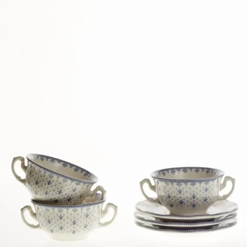 La Cartuja de Sevilla Set de 12 tazas de consomé con platillos colección Flor de Lis Azul > Set Y Servicios|Boles Y Tazas De Consomé