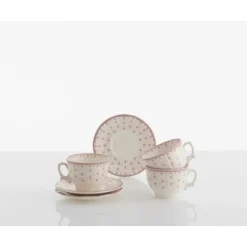 La Cartuja de Sevilla Set de 12 tazas de desayuno con platillos colección Flor de Lis Rosa > Set De Tazas Con Platillos