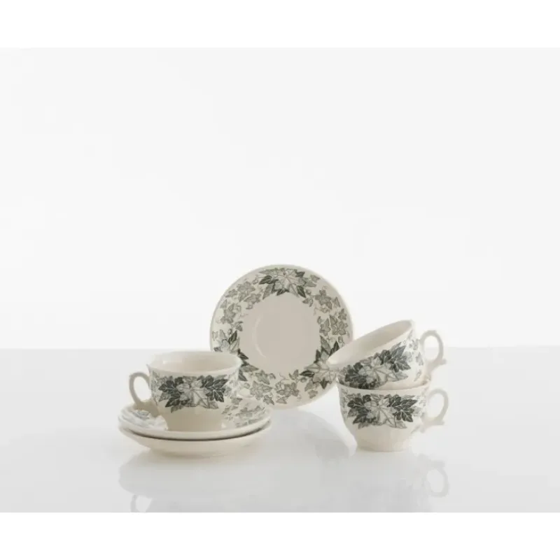La Cartuja de Sevilla Set de 6 tazas de desayuno con platillos colección Yedra > Set De Tazas Con Platillos